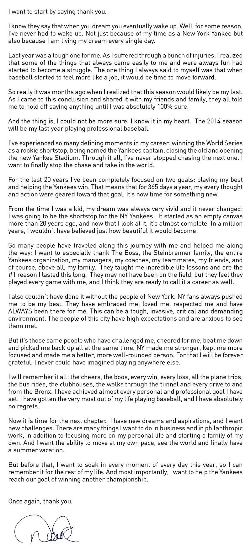 Illustration for article titled Derek Jeter Announces Retirement After 2014 Season